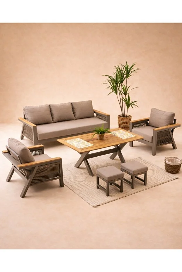 Capella Üçlü Bahçe Balkon Oturma Grubu -cappucino (MASA TABLASI DÜZ KESİM OLARAK GELMEKTEDİR)